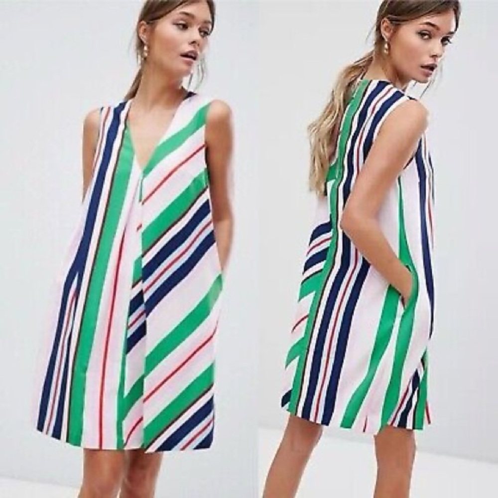 Ted Baker London Green, Navy & White Striped V-Neck Shift Dress